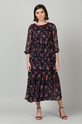 floral chiffon boat neck women's ethnic dress with a belt - navy