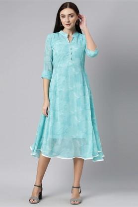 floral chiffon collar neck women's ethnic dress - aqua