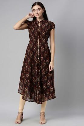 floral chiffon collar neck women's ethnic dress - chocolate