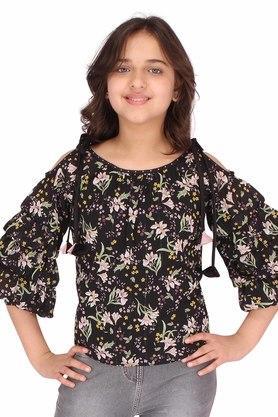 floral chiffon round neck girls casual wear top - black