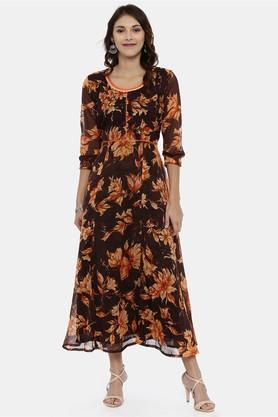 floral chiffon round neck women's ethnic dress - chocolate