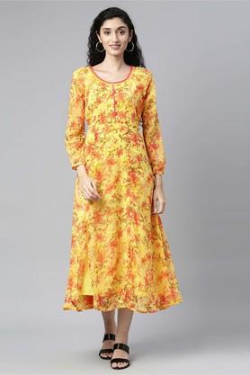 floral chiffon round neck women's ethnic dress - cokeley mustard