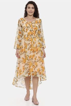 floral chiffon round neck women's ethnic dress - cream