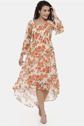 floral chiffon round neck women's ethnic dress - cream