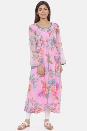 floral chiffon round neck women's ethnic dress with a belt - pink