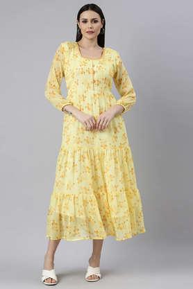 floral chiffon round neck women's midi dress - mellow yellow