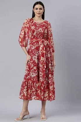 floral chiffon round neck women's midi dress - red