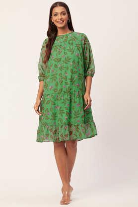 floral chiffon round neck women's mini dress - green