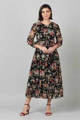 floral chiffon v neck women's ethnic dress with a belt - black