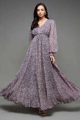 floral chiffon v neck women's maxi dress - purple