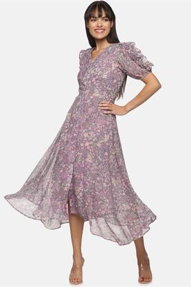 floral chiffon v neck women's midi dress - purple