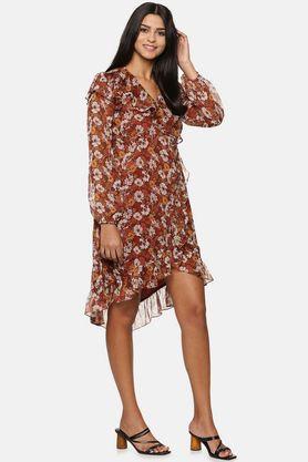 floral chiffon v neck womens maxi dress - brown