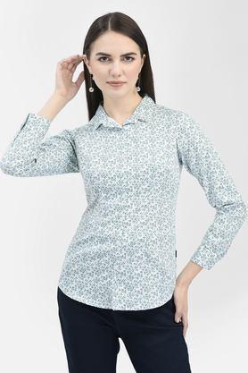 floral collared blended fabric women's casual wear shirt - blue