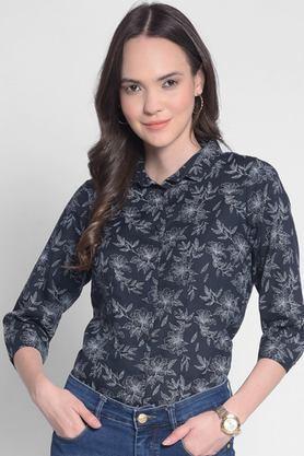 floral collared blended fabric women's casual wear shirt - navy