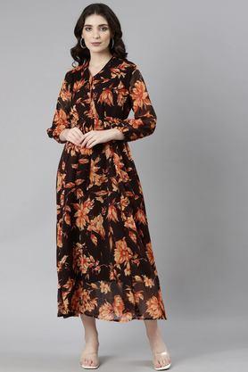 floral collared chiffon women's mid thigh dress - brown