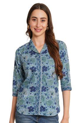 floral collared cotton women's casual wear shirt - blue