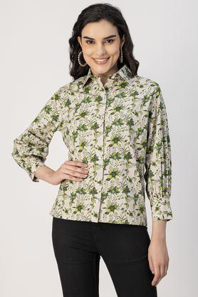 floral collared cotton women's casual wear shirt - green