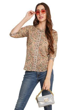 floral collared cotton women's casual wear shirt - natural