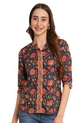 floral collared cotton women's casual wear shirt - navy