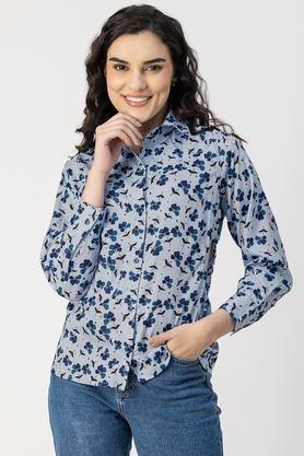 floral collared crepe women's casual wear shirt - blue