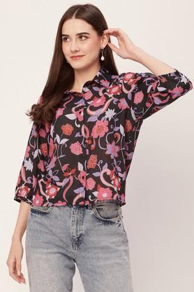 floral collared georgette women's casual wear shirt - black