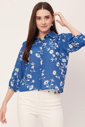 floral collared georgette women's casual wear shirt - blue
