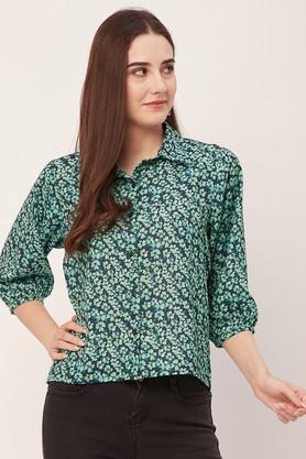 floral collared georgette women's casual wear shirt - sea green