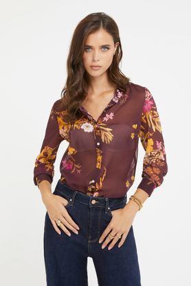 floral collared polyester women's casual wear shirt - brown