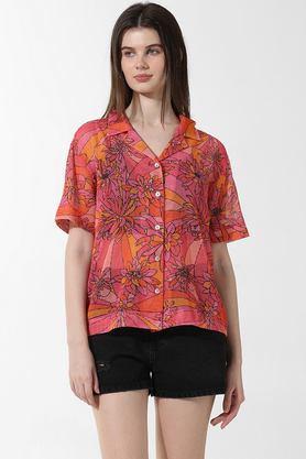 floral collared polyester women's casual wear shirt - pink