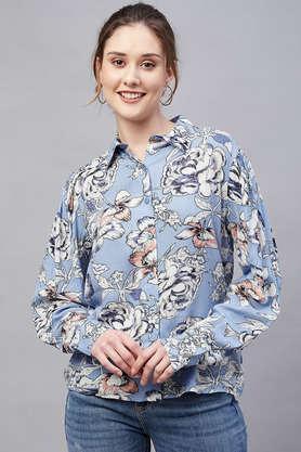 floral collared rayon women's casual wear shirt - blue