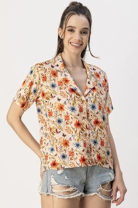 floral collared rayon women's casual wear shirt - orange