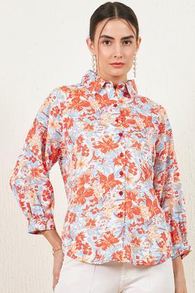 floral collared rayon women's casual wear shirt - orange