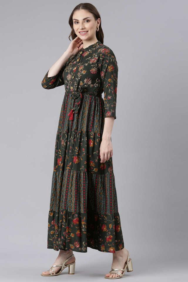 floral collared rayon womens full length ethnic dress