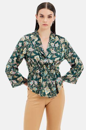 floral collared satin women's casual wear shirt - green