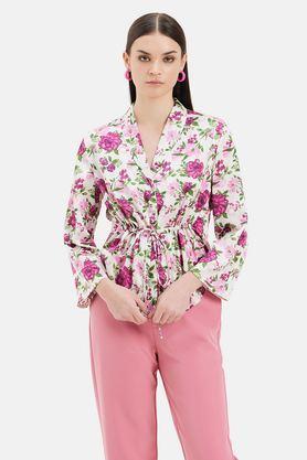 floral collared satin women's casual wear shirt - pink