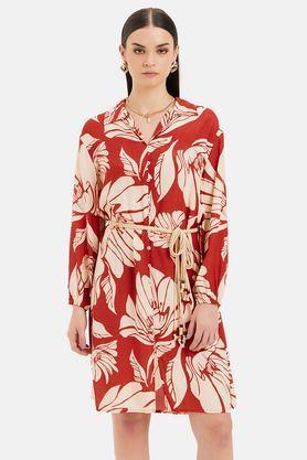 floral collared viscose women's dress - rust