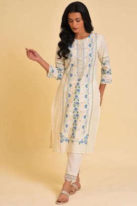 floral cotton  round neck women's festive wear kurta - ecru