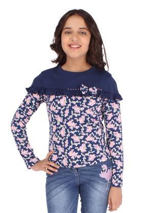 floral cotton blend round neck girls top - navy