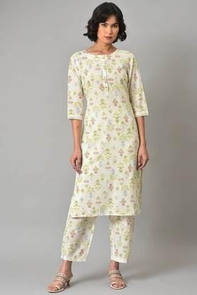 floral cotton blend round neck women's co-ord set - ecru