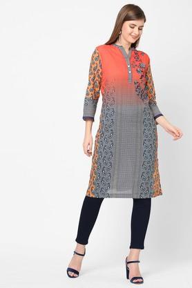 floral cotton blend round neck women's kurta - peach