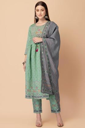 floral cotton blend round neck women's salwar kurta dupatta set - green