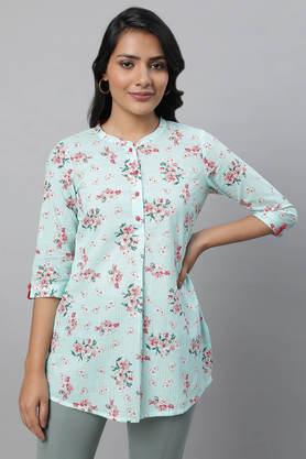 floral cotton collar neck women's kurti - green