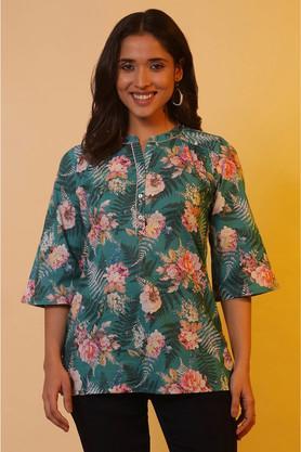 floral cotton collared women's casual wear kurti - green