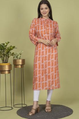 floral cotton collared women's casual wear kurti - orange