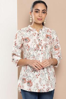 floral cotton collared women's tunic - white