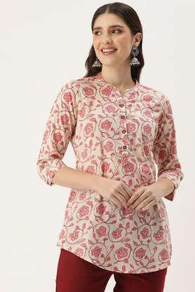 floral cotton collared women's tunic - white