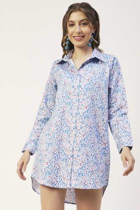 floral cotton linen blend collared women's top - ice blue