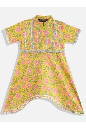 floral cotton mandarin girls dress - yellow