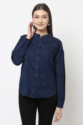 floral cotton mandarin women's casual shirt - navy