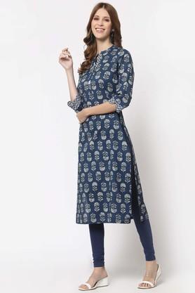 floral cotton mandarin womens straight kurta - navy